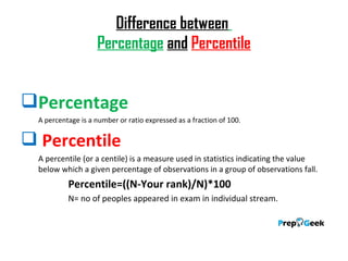 Difference between
Percentage and Percentile
Percentage
A percentage is a number or ratio expressed as a fraction of 100.
 Percentile
A percentile (or a centile) is a measure used in statistics indicating the value
below which a given percentage of observations in a group of observations fall.
Percentile=((N-Your rank)/N)*100
N= no of peoples appeared in exam in individual stream.
 