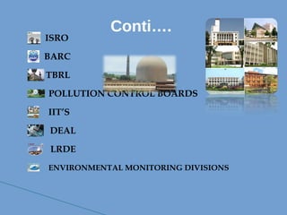 ISRO
BARC
TBRL
POLLUTION CONTROL BOARDS
IIT’S
DEAL
LRDE
ENVIRONMENTAL MONITORING DIVISIONS
Conti….
 