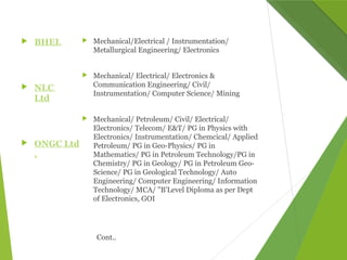  BHEL
 NLC
Ltd
 ONGC Ltd
.
 Mechanical/Electrical / Instrumentation/
Metallurgical Engineering/ Electronics
 Mechanical/ Electrical/ Electronics &
Communication Engineering/ Civil/
Instrumentation/ Computer Science/ Mining
 Mechanical/ Petroleum/ Civil/ Electrical/
Electronics/ Telecom/ E&T/ PG in Physics with
Electronics/ Instrumentation/ Chemcical/ Applied
Petroleum/ PG in Geo-Physics/ PG in
Mathematics/ PG in Petroleum Technology/PG in
Chemistry/ PG in Geology/ PG in Petroleum Geo-
Science/ PG in Geological Technology/ Auto
Engineering/ Computer Engineering/ Information
Technology/ MCA/ "B'Level Diploma as per Dept
of Electronics, GOI
Cont..
 