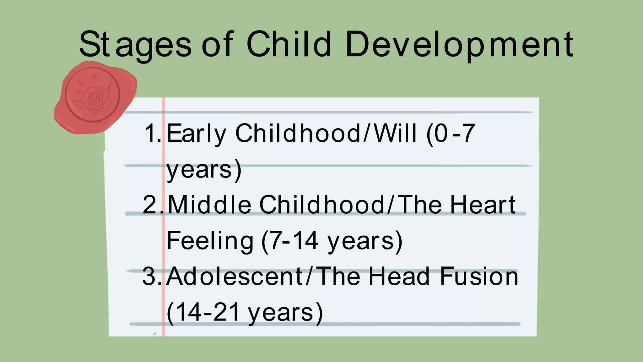 Stages of Child Development
1.Early Childhood/Will (0-7
years)
2.Middle Childhood/The Heart
Feeling (7-14 years)
3.Adolescent/The Head Fusion
(14-21 years)
 