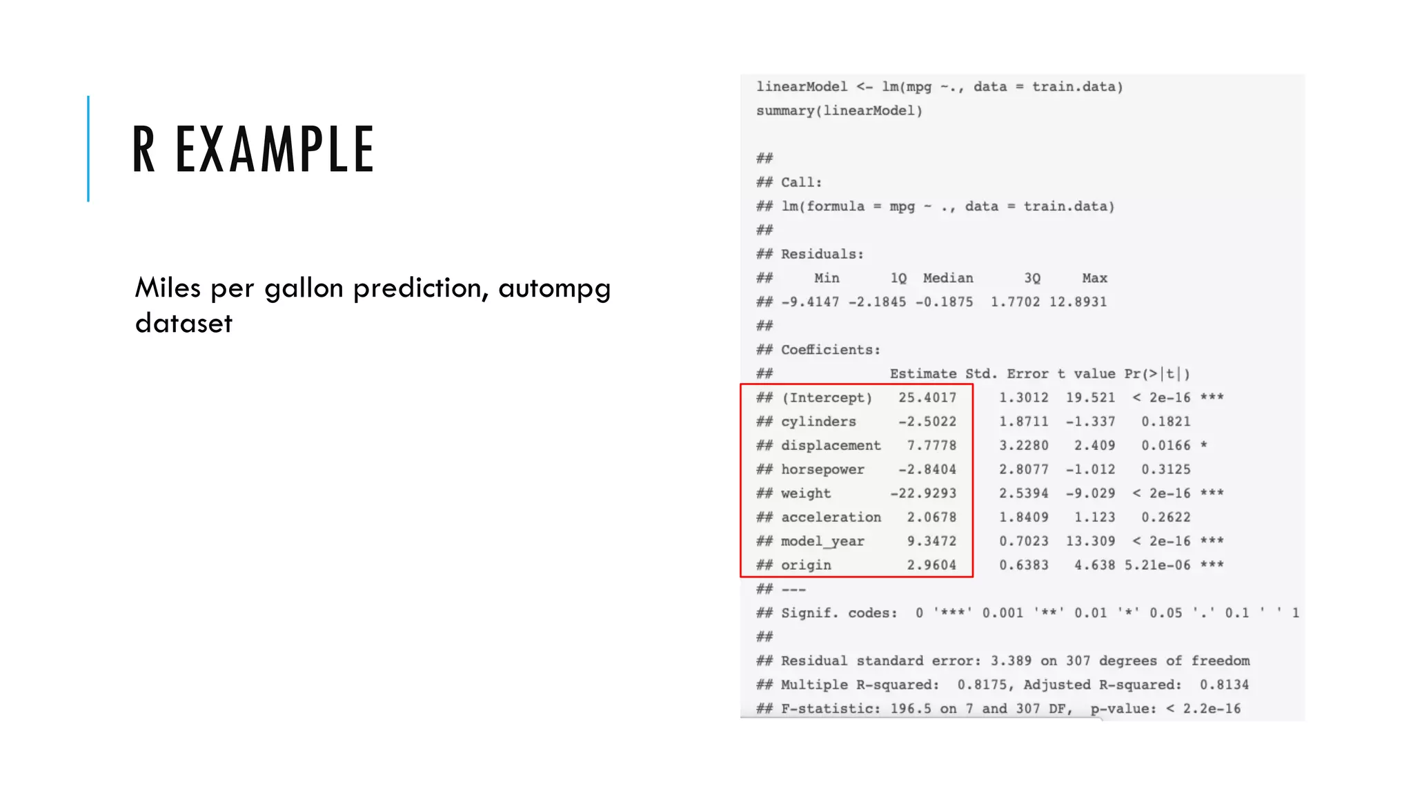 R EXAMPLE
Miles per gallon prediction, autompg
dataset
 