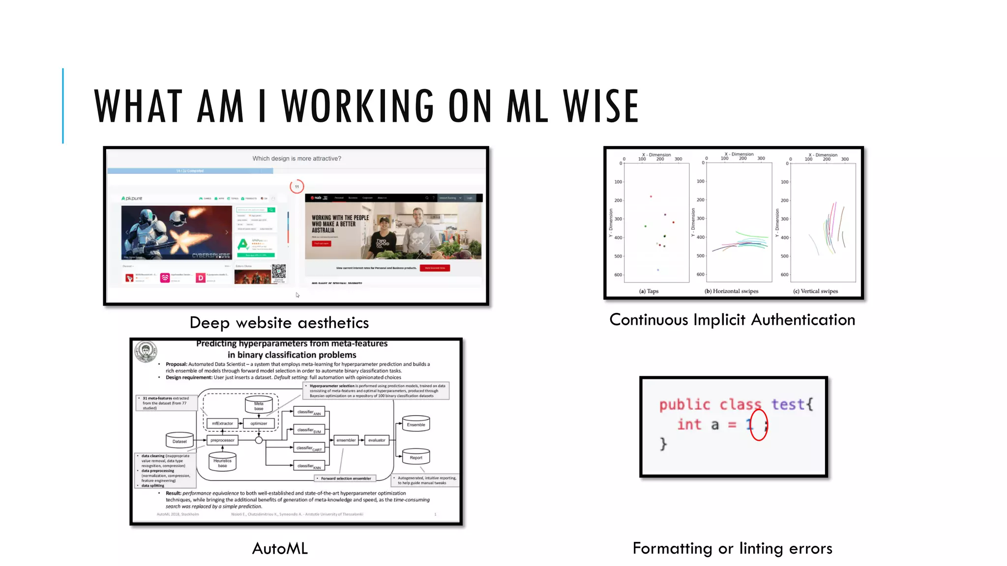 WHAT AM I WORKING ON ML WISE
Deep website aesthetics
AutoML
Continuous Implicit Authentication
Formatting or linting errors
 