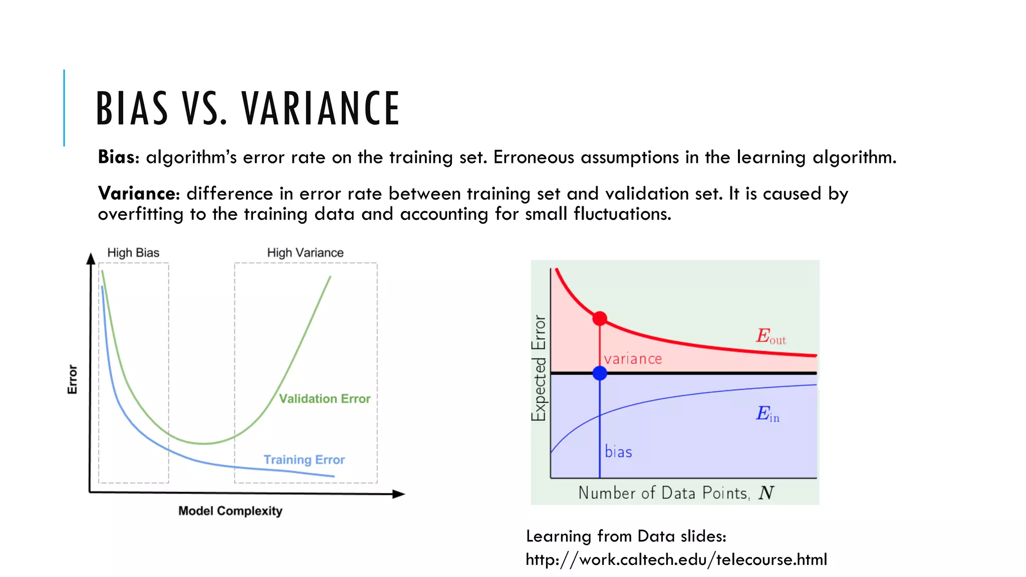 BIAS VS. VARIANCE
Bias: algorithm’s error rate on the training set. Erroneous assumptions in the learning algorithm.
Variance: difference in error rate between training set and validation set. It is caused by
overfitting to the training data and accounting for small fluctuations.
Learning from Data slides:
http://work.caltech.edu/telecourse.html
 