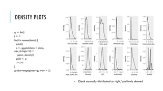 DENSITY PLOTS
g <- list()
j <- 1
for(i in names(data)) {
print(i)
p <- ggplot(data = data,
aes_string(x=i)) +
geom_density()
g[[j]] <- p
j = j+1
}
grid.arrange(grobs=g, nrow = 2)
- Check normally distributed or right/positively skewed
 
