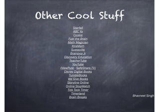 Bhavneet Singh
Other Cool Stuff
Starfall
ABC Ya
Cookie
Fuel the Brain
Math Magician
XtraMath
Suessville
Brainpop Jr
Discovery Education
TeacherTube
YouTube
(ViewPure - SafeShare.TV)
Disney Digital Books
TumbleBooks
We Give Books
Storyline Online
Online StopWatch
Tick Tock Timer
Timerland
Brain Breaks
 