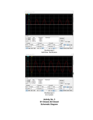 Oscilloscope 2
Half-Wave Rectification
Oscilloscope 3
A-C Current
Activity No. 3
S1 Closed, S2 Closed
Schematic Diagram
 