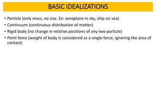 BASIC IDEALIZATIONS
• Particle (only mass, no size. Ex: aeroplane in sky, ship on sea)
• Continuum (continuous distribution of matter)
• Rigid body (no change in relative positions of any two particle)
• Point force (weight of body is considered as a single force, ignoring the area of
contact)
 