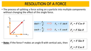 RESOLUTION OF A FORCE
• The process of splitting a force acting on a particle into multiple components
without changing the effect of the single force.
• Note: If the force F makes an angle θ with vertical axis, then
Fx = F Sin θ
Fy = F Cos θ
Fx = F Cos θ
Fy = F Sin θ
 