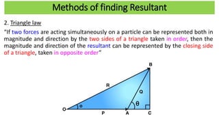 Methods of finding Resultant
2. Triangle law
“If two forces are acting simultaneously on a particle can be represented both in
magnitude and direction by the two sides of a triangle taken in order, then the
magnitude and direction of the resultant can be represented by the closing side
of a triangle, taken in opposite order”
 