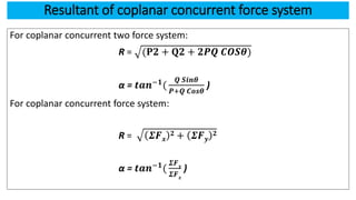 Resultant of coplanar concurrent force system
For coplanar concurrent two force system:
R = (𝐏𝟐 + 𝐐𝟐 + 𝟐𝑷𝑸 𝑪𝑶𝑺𝜽)
α = 𝒕𝒂𝒏−𝟏(
𝑸 𝑺𝒊𝒏𝜽
𝑷+𝑸 𝑪𝒐𝒔𝜽
)
For coplanar concurrent force system:
R = 𝜮𝑭 𝒙
𝟐 + 𝜮𝑭 𝒚
𝟐
α = 𝒕𝒂𝒏−𝟏
(
𝜮𝑭 𝒚
𝜮𝑭 𝒙
)
 