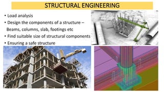 STRUCTURAL ENGINEERING
• Load analysis
• Design the components of a structure –
Beams, columns, slab, footings etc
• Find suitable size of structural components
• Ensuring a safe structure
 