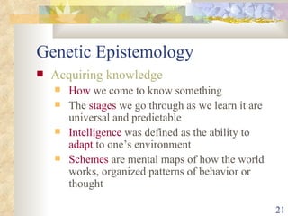 Genetic Epistemology Acquiring knowledge How  we come to know something The  stages  we go through as we learn it are universal and predictable Intelligence  was defined as the ability to  adapt  to one’s environment Schemes  are mental maps of how the world works, organized patterns of behavior or thought 