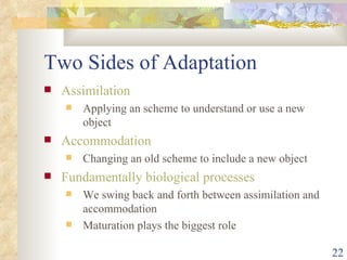 Two Sides of Adaptation Assimilation Applying an scheme to understand or use a new object Accommodation Changing an old scheme to include a new object Fundamentally biological processes We swing back and forth between assimilation and accommodation Maturation plays the biggest role 