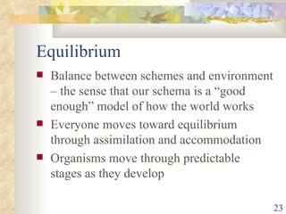 Equilibrium Balance between schemes and environment – the sense that our schema is a “good enough” model of how the world works  Everyone moves toward equilibrium through assimilation and accommodation Organisms move through predictable stages as they develop 