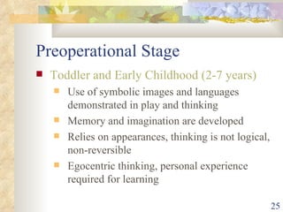 Preoperational Stage Toddler and Early Childhood (2-7 years) Use of symbolic images and languages demonstrated in play and thinking Memory and imagination are developed Relies on appearances, thinking is not logical, non-reversible Egocentric thinking, personal experience required for learning  