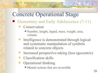 Concrete Operational Stage Elementary and Early Adolescence (7-11) Conservation Number, length, liquid, mass, weight, area, volume Intelligence is demonstrated through logical and systematic manipulation of symbols related to concrete objects Increased perspective-taking (less egocentric) Classification skills Operational thinking Mental actions that are reversible 