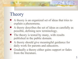 Theory A theory is an organized set of ideas that tries to explain a phenomena.  A theory describes the set of ideas as carefully as possible, defining new terminology. The theory is tested by many, with results published in the public domain. A theory should give meaningful guidance for daily work for parents and educators. Gradually a theory either gains support or fades from the literature. 