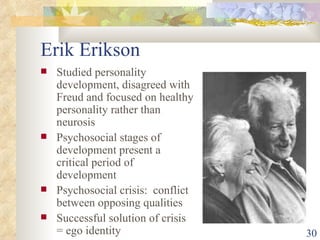 Erik Erikson Studied personality development, disagreed with Freud and focused on healthy personality rather than neurosis Psychosocial stages of development present a critical period of development Psychosocial crisis:  conflict between opposing qualities Successful solution of crisis = ego identity 