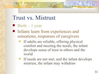 Trust vs. Mistrust Birth – 1 year Infants learn from experiences and sensations, responses of caregivers If adults are reliable, offering physical comfort and meeting the needs, the infant develops sense of trust in others and the world If needs are not met, and the infant develops mistrust, the infant may withdraw 