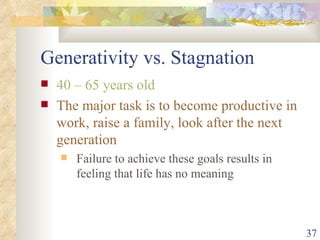 Generativity vs. Stagnation 40 – 65 years old The major task is to become productive in work, raise a family, look after the next generation Failure to achieve these goals results in feeling that life has no meaning 