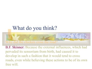 What do you think? Why did the chicken cross the road? B.F. Skinner:   Because the external influences, which had pervaded its sensorium from birth, had caused it to develop in such a fashion that it would tend to cross roads, even while believing these actions to be of its own free will. 