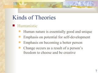 Kinds of Theories Humanistic Human nature is essentially good and unique Emphasis on potential for self-development Emphasis on becoming a better person Change occurs as a result of a person’s freedom to choose and be creative 