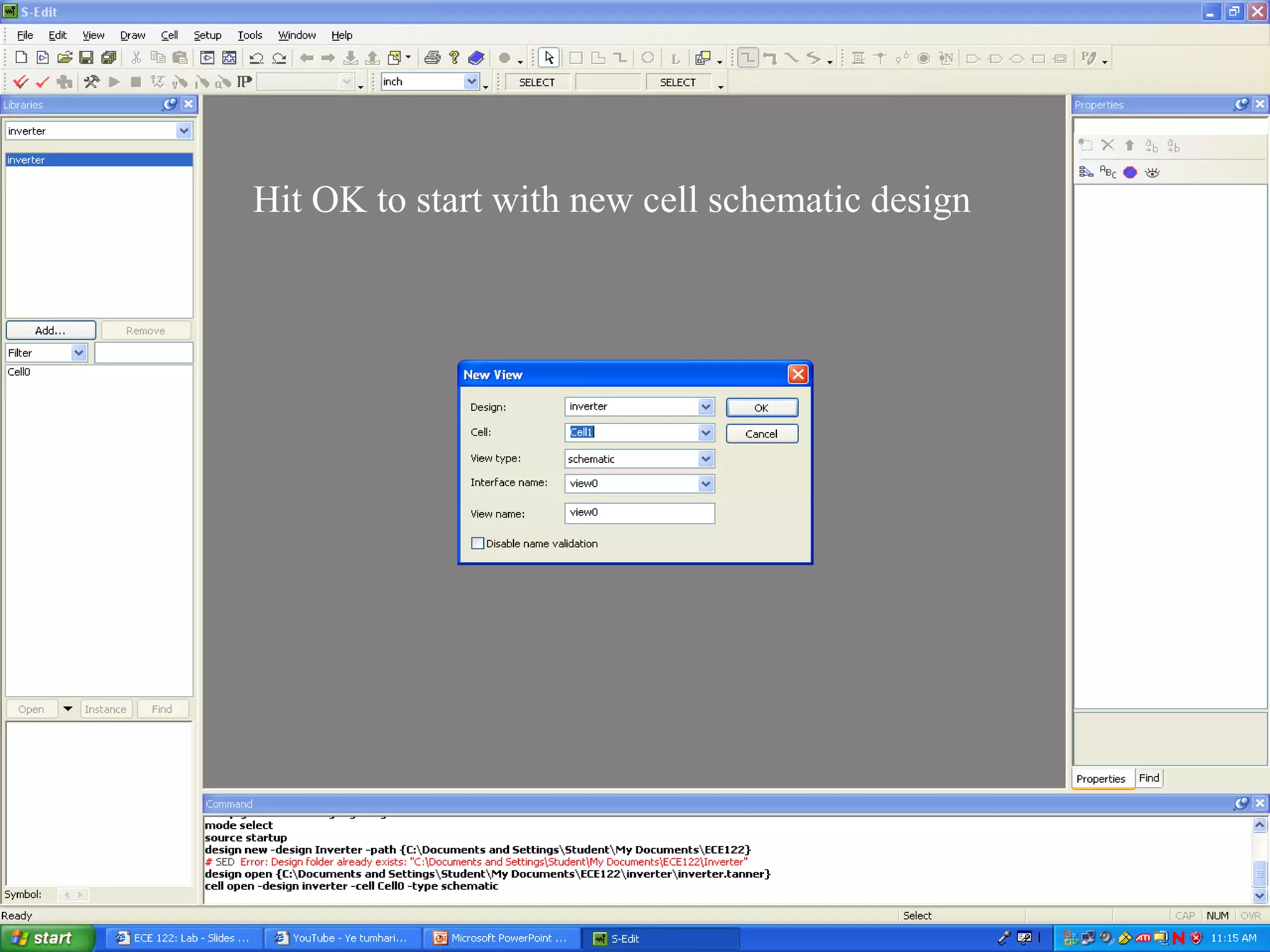 Hit OK to start with new cell schematic design
 