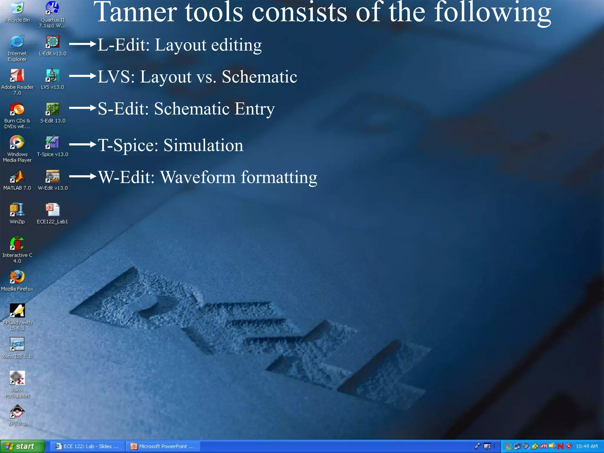 Tanner tools consists of the following
L-Edit: Layout editing
LVS: Layout vs. Schematic
S-Edit: Schematic Entry
T-Spice: Simulation
W-Edit: Waveform formatting
 