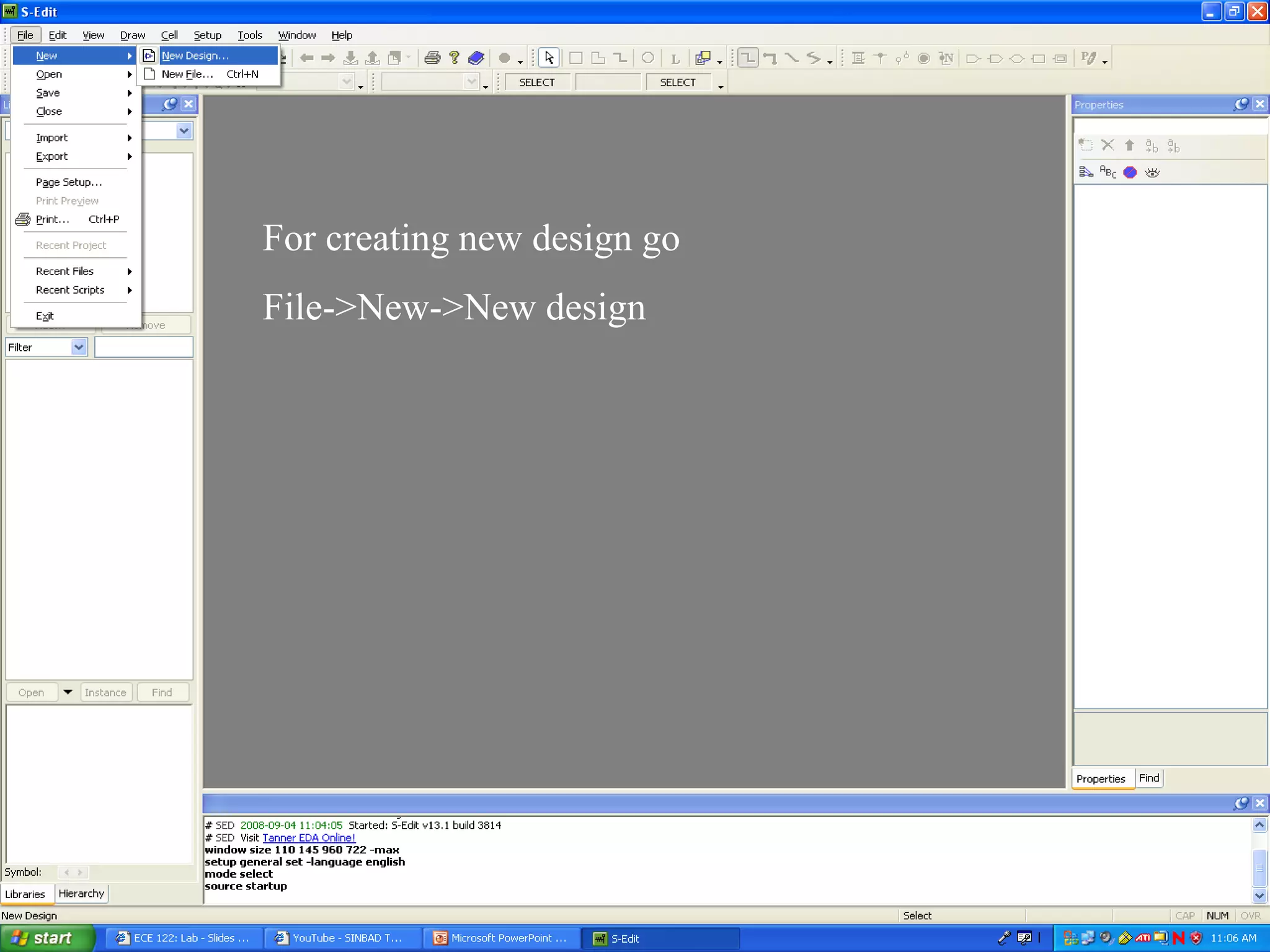 For creating new design go
File->New->New design
 