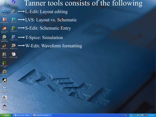 Tanner tools consists of the following
L-Edit: Layout editing
LVS: Layout vs. Schematic
S-Edit: Schematic Entry
T-Spice: Simulation
W-Edit: Waveform formatting
 