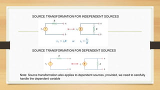SOURCE TRANSFORMATION FOR INDEPENDENT SOURCES
SOURCE TRANSFORMATION FOR DEPENDENT SOURCES
Note: Source transformation also applies to dependent sources, provided, we need to carefully
handle the dependent variable
 