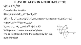 PHASE RELATION IN A PURE INDUCTOR
v(t)= Ldi/dt
Consider the function
i(t)=Imsin𝜔t=IM[Im ej𝜔t ] or Im∠0o
v(t)= L d(Imsin𝜔t)/dt=L𝜔 Imcos𝜔t =Vmcos𝜔t or Vmsin(𝜔t+90)
= IM[Vm ej(𝜔t+90) ] or Vm∠90o
Vm= 𝜔 L Im =XL Im and ej90 =j=1 ∠90o
Voltage and current are out of phase.
The current lags behind the voltage by 90° in a
pure inductor
 