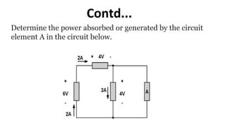 Determine the power absorbed or generated by the circuit
element A in the circuit below.
Contd...
 