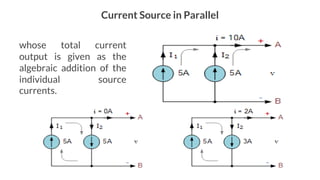 Current Source in Parallel
whose total current
output is given as the
algebraic addition of the
individual source
currents.
 