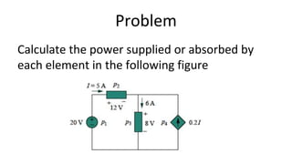 Problem
Calculate the power supplied or absorbed by
each element in the following figure
 