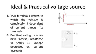 Ideal & Practical voltage source
1. Two terminal element in
which the voltage is
completely independent
of current through its
terminals
2. Practical voltage sources
have internal resistance
in series => voltage
decreases as current
increases
 