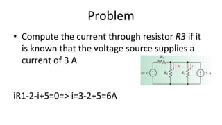 Problem
• Compute the current through resistor R3 if it
is known that the voltage source supplies a
current of 3 A
iR1-2-i+5=0=> i=3-2+5=6A
 