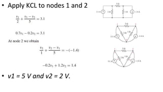 • Apply KCL to nodes 1 and 2
• v1 = 5 V and v2 = 2 V.
 