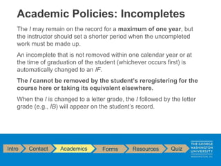 The I may remain on the record for a maximum of one year, but
the instructor should set a shorter period when the uncompleted
work must be made up.
An incomplete that is not removed within one calendar year or at
the time of graduation of the student (whichever occurs first) is
automatically changed to an IF.
The I cannot be removed by the student’s reregistering for the
course here or taking its equivalent elsewhere.
When the I is changed to a letter grade, the I followed by the letter
grade (e.g., IB) will appear on the student’s record.
Academic Policies: Incompletes
Intro Contact Academics Forms Resources Quiz
 