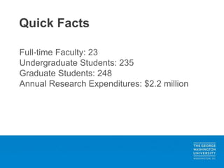 Full-time Faculty: 23
Undergraduate Students: 235
Graduate Students: 248
Annual Research Expenditures: $2.2 million
Quick Facts
 