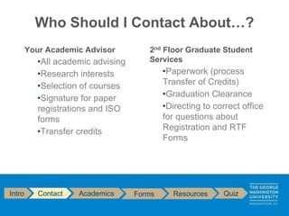 Who Should I Contact About…?
Your Academic Advisor
•All academic advising
•Research interests
•Selection of courses
•Signature for paper
registrations and ISO
forms
•Transfer credits
2nd Floor Graduate Student
Services
•Paperwork (process
Transfer of Credits)
•Graduation Clearance
•Directing to correct office
for questions about
Registration and RTF
Forms
Intro Contact Academics Forms Resources Quiz
 