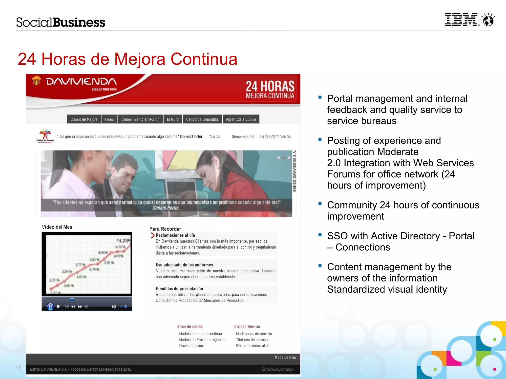 24 Horas de Mejora Continua

                               Portal management and internal
                                feedback and quality service to
                                service bureaus
                               Posting of experience and
                                publication Moderate
                                2.0 Integration with Web Services
                                Forums for office network (24
                                hours of improvement)
                               Community 24 hours of continuous
                                improvement
                               SSO with Active Directory - Portal
                                – Connections
                               Content management by the
                                owners of the information
                                Standardized visual identity




15
 