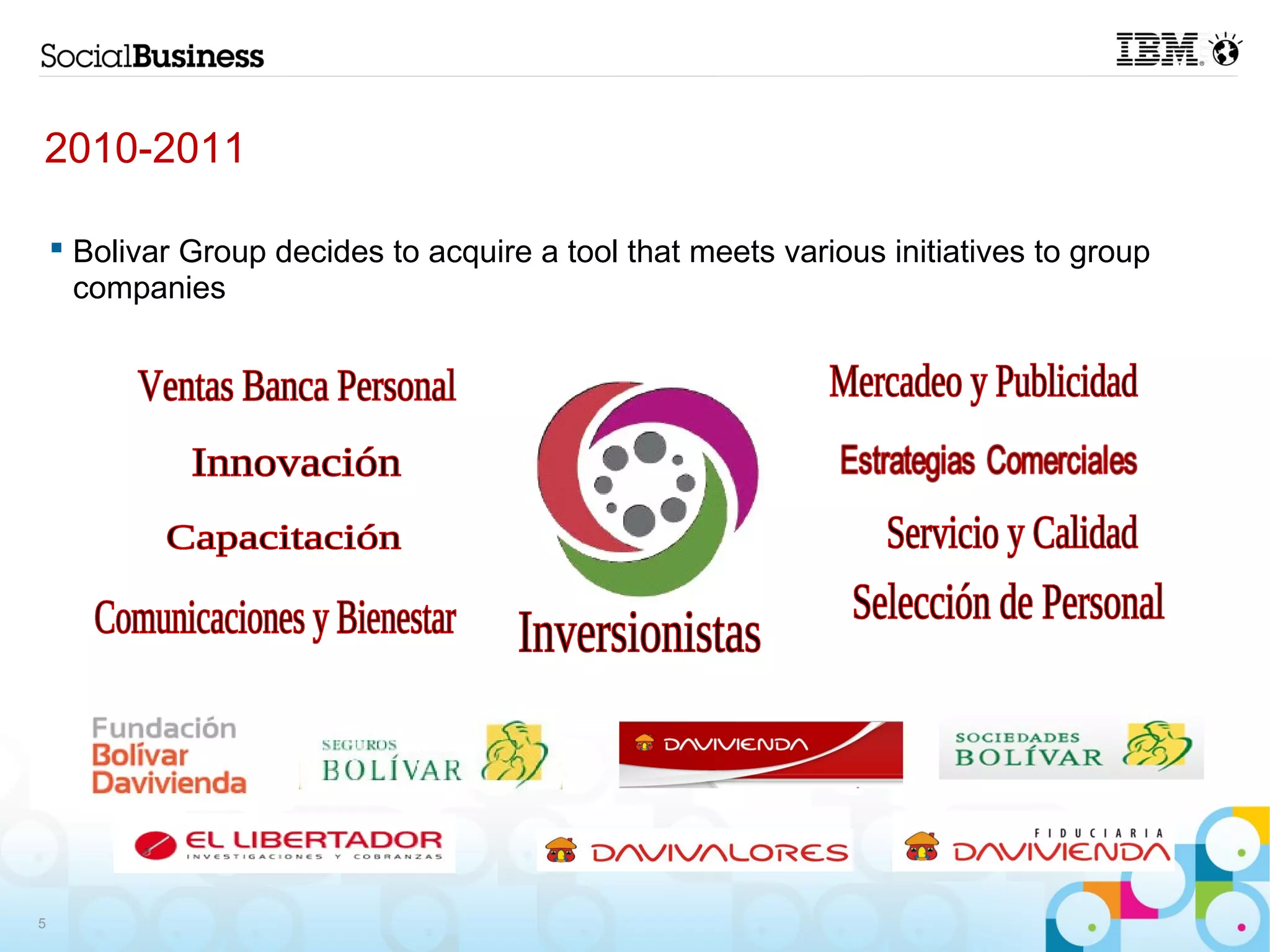 2010-2011

     Bolivar Group decides to acquire a tool that meets various initiatives to group
      companies




5
 
