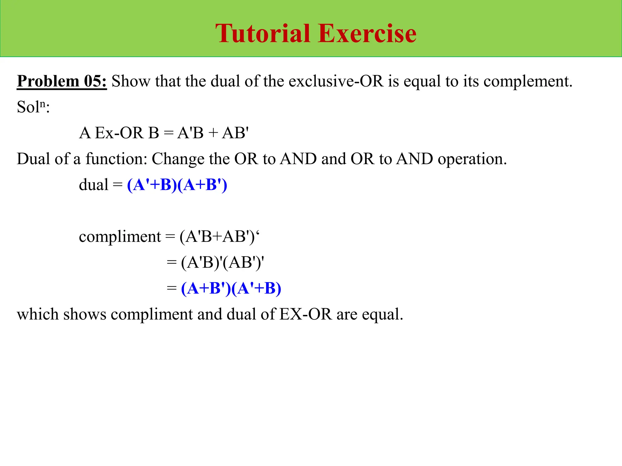 Tutorial Exercise
Problem 05: Show that the dual of the exclusive-OR is equal to its complement.
Soln:
A Ex-OR B = A'B + AB'
Dual of a function: Change the OR to AND and OR to AND operation.
dual = (A'+B)(A+B')
compliment = (A'B+AB')‘
= (A'B)'(AB')'
= (A+B')(A'+B)
which shows compliment and dual of EX-OR are equal.
 