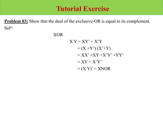 Tutorial Exercise
Problem 03: Show that the dual of the exclusive-OR is equal to its complement.
Soln:
XOR
X Y = XY’ + X’Y
= (X +Y’) (X’+Y)
= XX’ +XY +X’Y’ +YY’
= XY + X’Y’
= (X Y)’ = XNOR
 