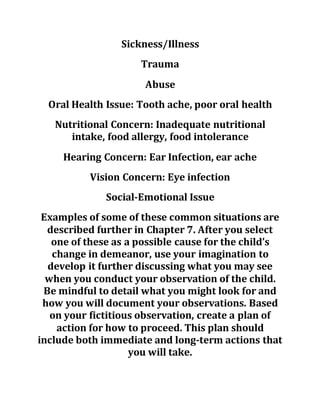 Sickness/Illness
Trauma
Abuse
Oral Health Issue: Tooth ache, poor oral health
Nutritional Concern: Inadequate nutritional
intake, food allergy, food intolerance
Hearing Concern: Ear Infection, ear ache
Vision Concern: Eye infection
Social-Emotional Issue
Examples of some of these common situations are
described further in Chapter 7. After you select
one of these as a possible cause for the child’s
change in demeanor, use your imagination to
develop it further discussing what you may see
when you conduct your observation of the child.
Be mindful to detail what you might look for and
how you will document your observations. Based
on your fictitious observation, create a plan of
action for how to proceed. This plan should
include both immediate and long-term actions that
you will take.
 