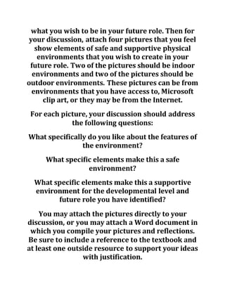 what you wish to be in your future role. Then for
your discussion, attach four pictures that you feel
show elements of safe and supportive physical
environments that you wish to create in your
future role. Two of the pictures should be indoor
environments and two of the pictures should be
outdoor environments. These pictures can be from
environments that you have access to, Microsoft
clip art, or they may be from the Internet.
For each picture, your discussion should address
the following questions:
What specifically do you like about the features of
the environment?
What specific elements make this a safe
environment?
What specific elements make this a supportive
environment for the developmental level and
future role you have identified?
You may attach the pictures directly to your
discussion, or you may attach a Word document in
which you compile your pictures and reflections.
Be sure to include a reference to the textbook and
at least one outside resource to support your ideas
with justification.
 