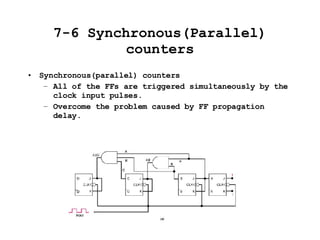 7-6 Synchronous(Parallel) counters Synchronous(parallel) counters All of the FFs are triggered simultaneously by the clock input pulses. Overcome the problem caused by FF propagation delay. 