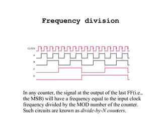 Frequency division In any counter, the signal at the output of the last FF(i.e., the MSB) will have a frequency equal to the input clock frequency divided by the MOD number of the counter. Such circuits are known as  divide-by-N counters . 