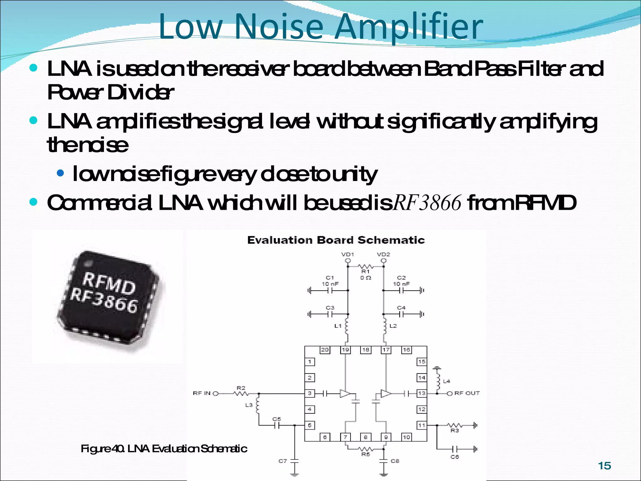 Low Noise Amplifier LNA is used on the receiver board between Band Pass Filter and Power Divider LNA amplifies the signal level without significantly amplifying the noise  low noise figure very close to unity Commercial LNA which will be used is  RF3866  from RFMD Figure 40. LNA Evaluation Schematic 